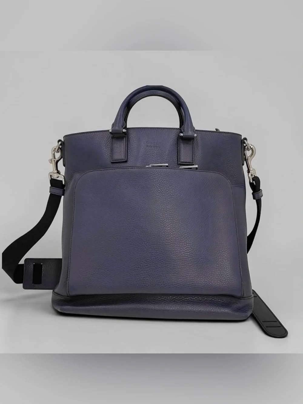 Gucci Mens Navy Blue Pebbled Leather Tote Business Shoulder Bag Web Strap